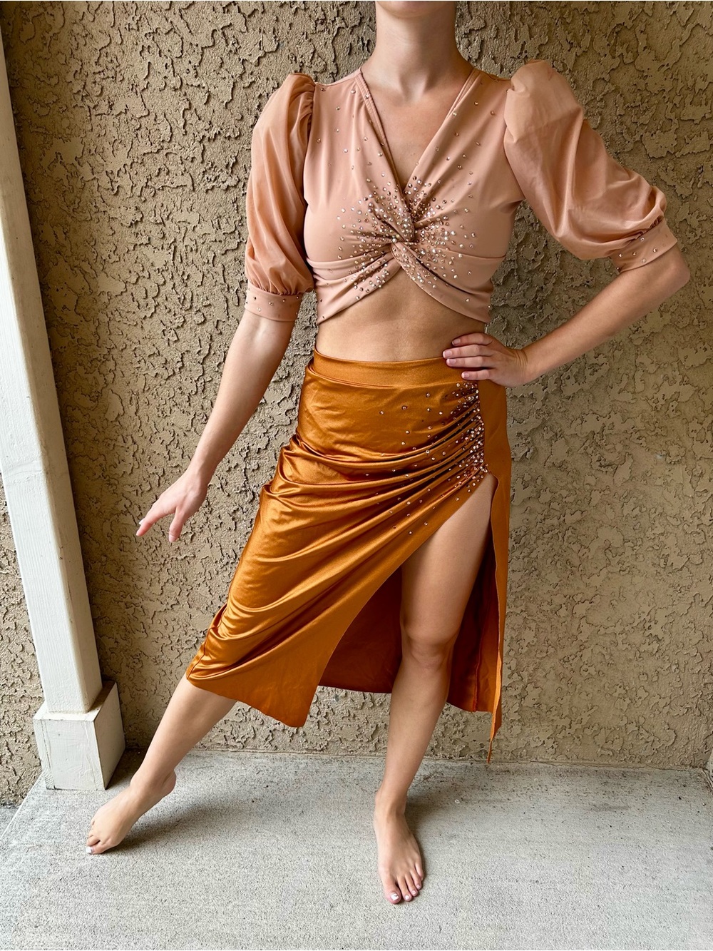 Satin Ruched High-Slit Midi Skirt in Burnt Orange AM
